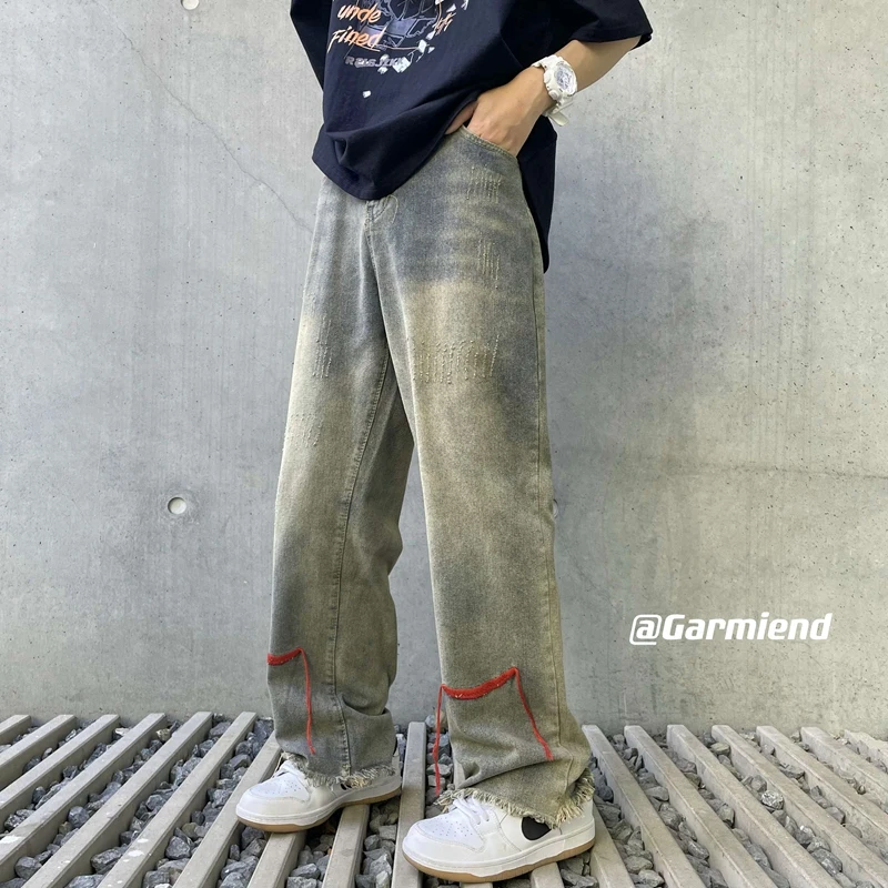 Ripped High Street Straight Leg Jeans for Men Korean Fashion Trends Streetwear Bottom Teenage Vintage Denim Pants Casual Clothes