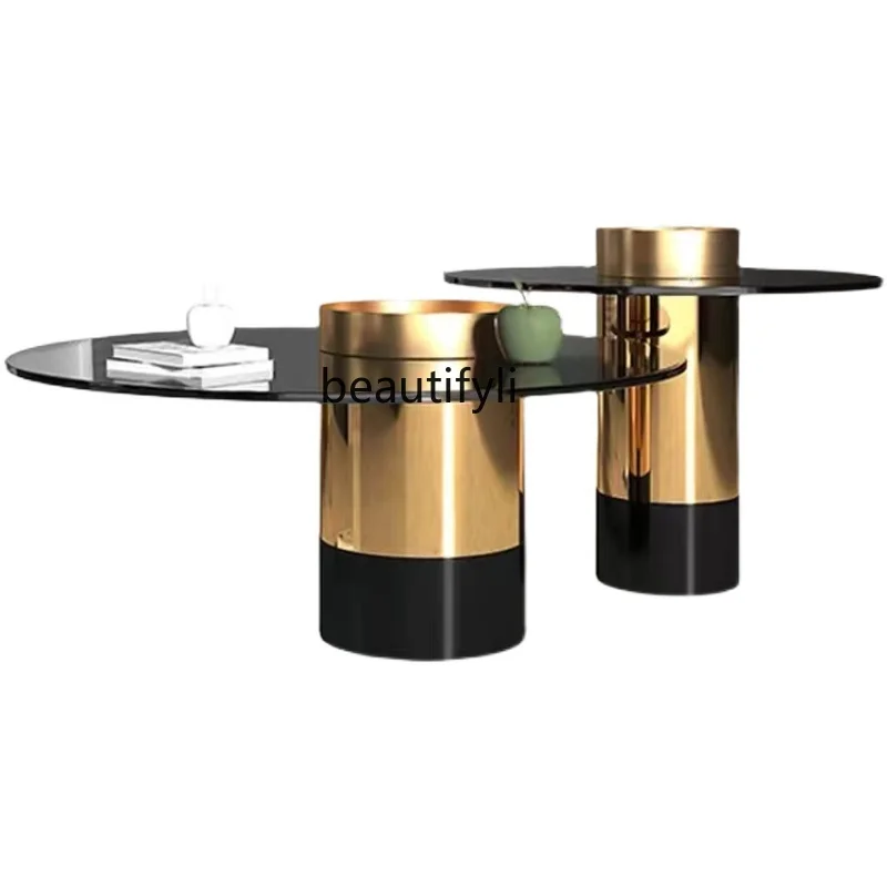 

yj Italian round Tea Table Combination Nordic Creative Ins Simple and Light Luxury Tempered Glass Small round Table