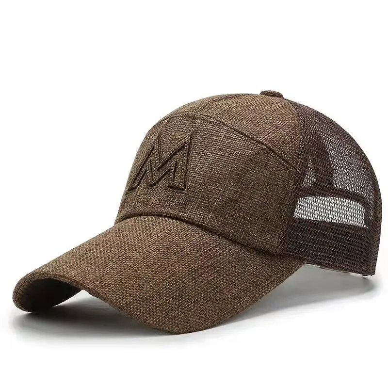 

Unisex Linen Mesh Baseball Caps for Men Women Summer M Embroidery Breathable Snapback Cap Outdoor Sport Sun Trucker Dad Hat 2022