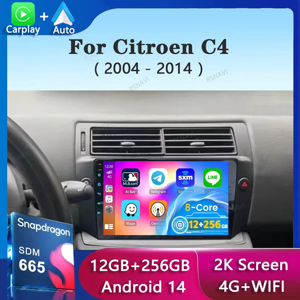 Автомобильное радио Android 14 Carplay для Citroen C4 C-Triomphe Quatre 2004-2014 мультимедийное видео 2Din