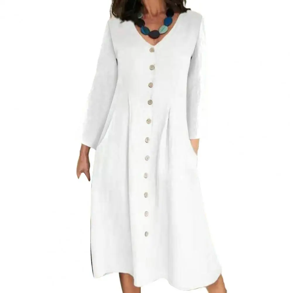 

Solid Color V-neck Dress Chic Comfortable Women's V-neck Midi Dresses with Button Detailing High Waist Pockets for Casual Wear