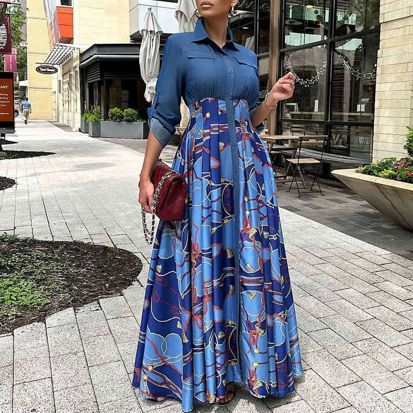 

Printing Splicing Dress for Women Clothes Autumn Causal Fashion Large Pendulum Cowboy Female Longutte