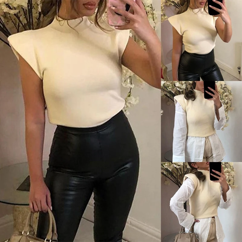 

Women's Fashion Slim Solid Color Half High Neck Shoulder Pad Sleeveless Top Apricot