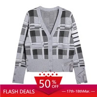 early autumn new striped plaid sweater jacket cardigan female tb college style loose all match knitted top