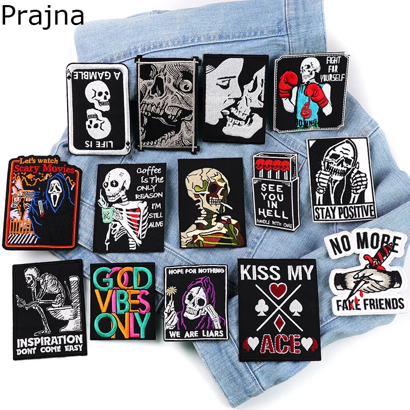 

Square Horror Skull Embroidery Patch Rock/Punk Patch Iron On Patches For Clothing thermoadhesive Patches On Clothes Jacket DIY