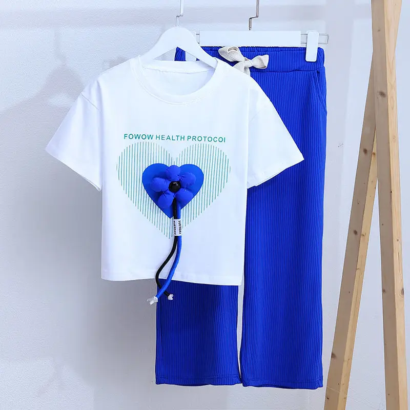 

2023 New Baby Summer Suit for Girls Short Sleeve Cute T-shirt + Loose Pants Two-piece Set Children Clothing 3 4 6 8 10 12 Years