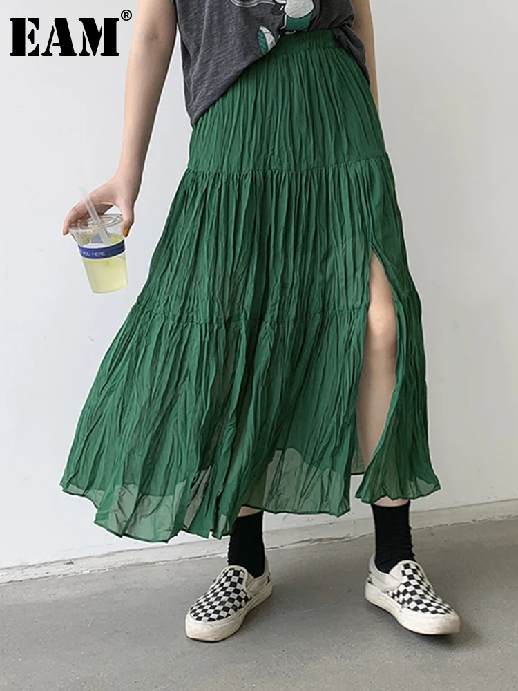 

[EAM] High Elastic Waist Green Pleated Long Hem Slit Casual Half-body Skirt Women Fashion Tide New Spring Autumn 2022 1DE8712