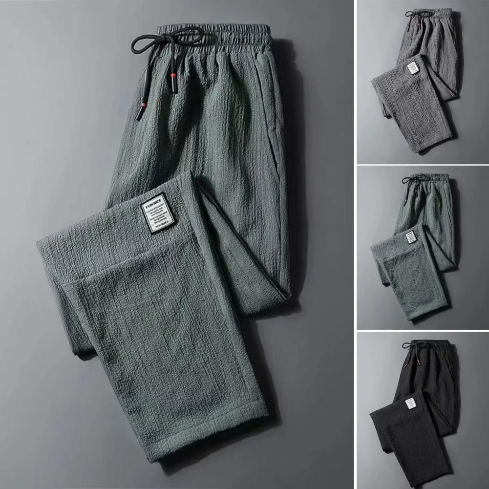 

Men Trousers Jogging Casual Sweatpants Ice Silk Elastic Waist Dstring Summer Mid Waist Pockets Baggy Track Straight Pants