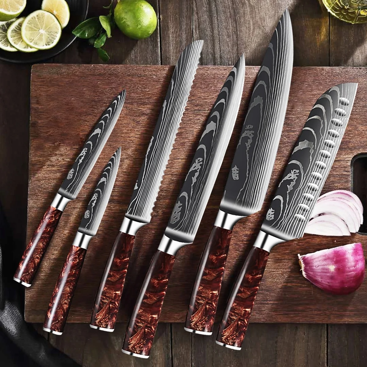 

Kitchen Knives Set Laser Damascus Pattern Chef Knife Set Japanese 7CR17 440C Boning Knife Santoku Knife Cleaver Slicing Knife