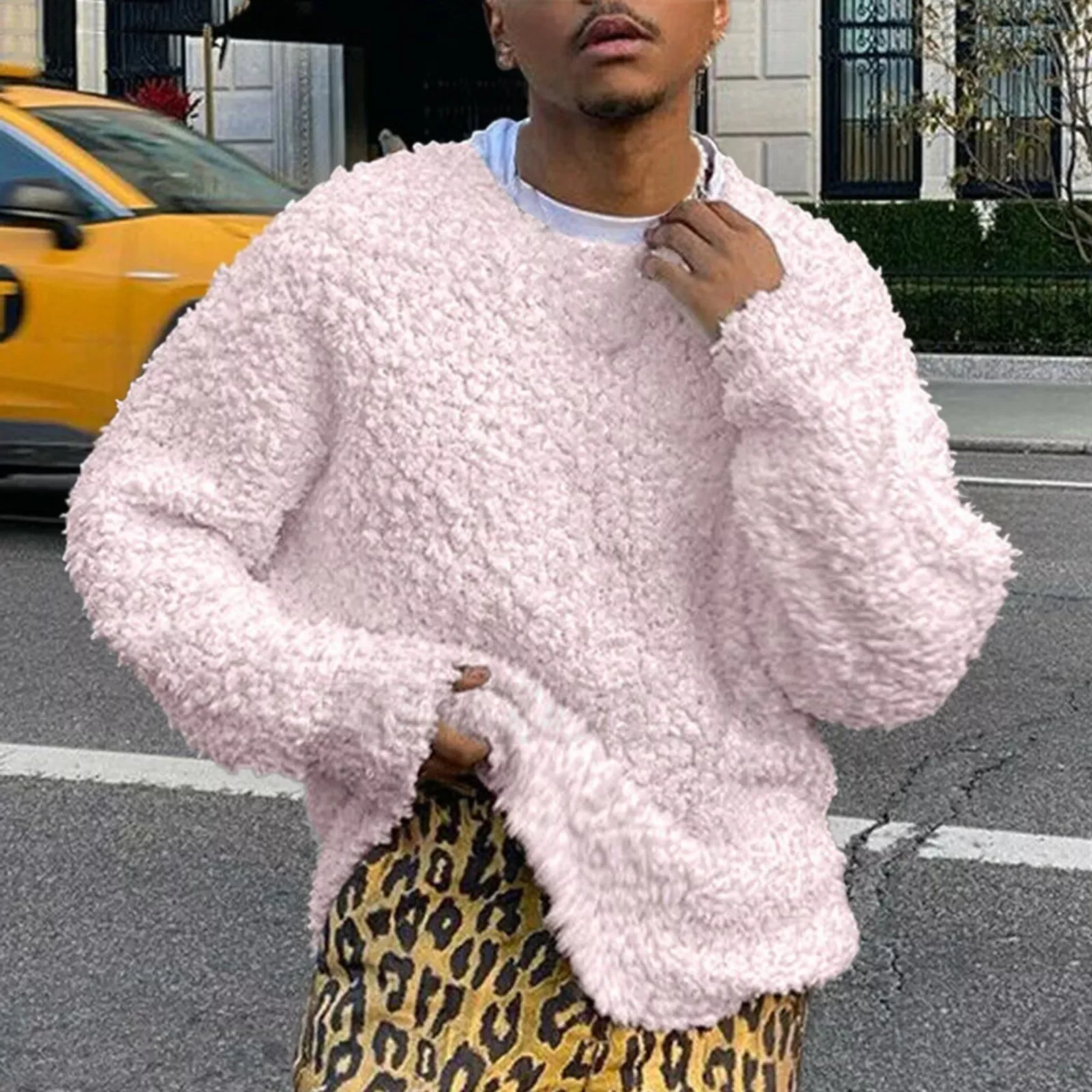 

Men's Winter Sweater Top Loose Solid Color Long-sleeved Sweater Round Neck Warm Winter Pullover Sweater