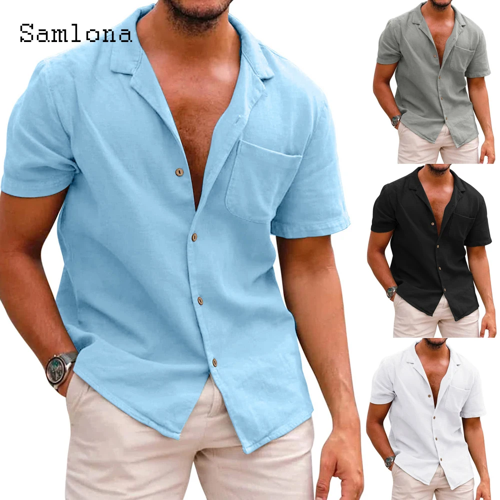 Short Sleeve Men Fashion Shirt Blusas Sexy Mens Clothing 2022 Single-Breasted Top Streetwear Lepal Collar Blouse Casual Pullover