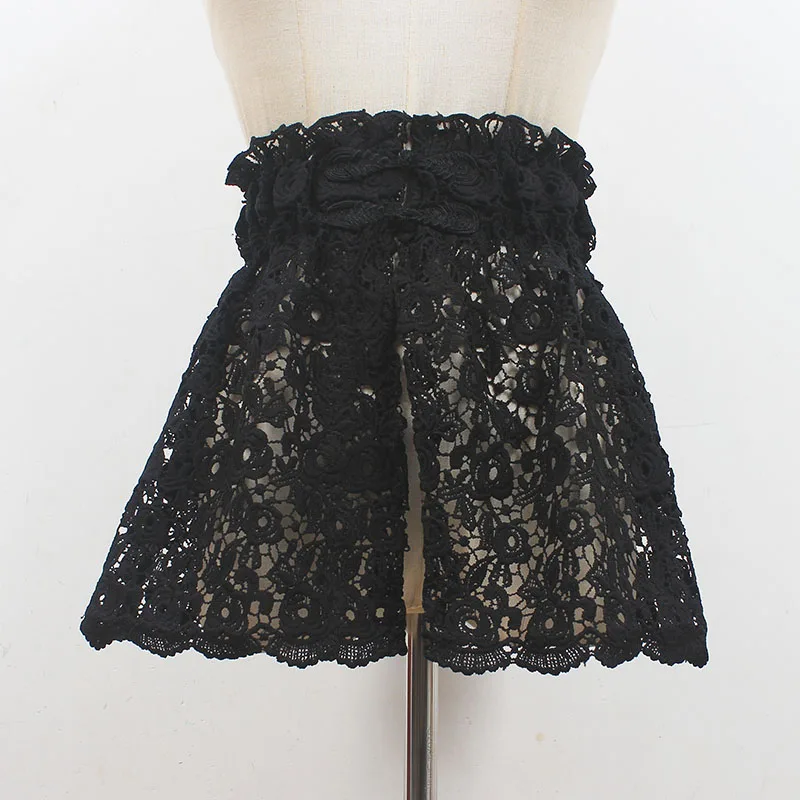 Super Wide Slim Waistband Self-tie Black Lace Corset Strap Elegant Women Dress Shirt Waist Belts Flower Crochet Cinturon Mujer