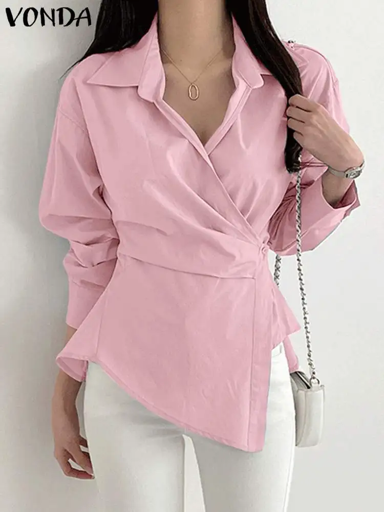 

Fashion Summer Tops Casual Long Sleeve Shirts VONDA Women Blouses 2023 Solid Color Asymmetrical Tunic Bandage Buttons Blusas