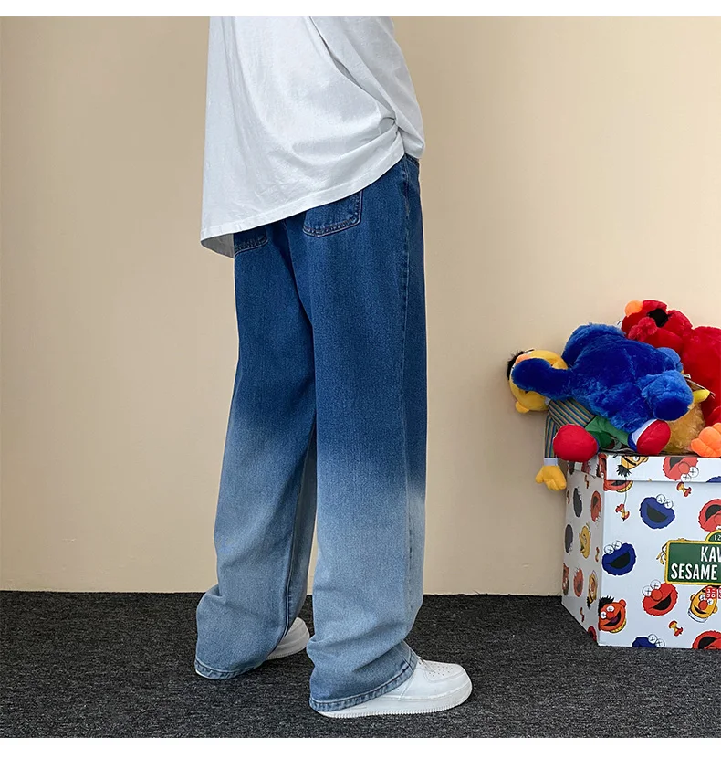 New Men's Jeans Korean Version of The Trend Gradient Blue Loose Straight Denim Trousers Wide-leg Pants Fashion Casual Streetwear