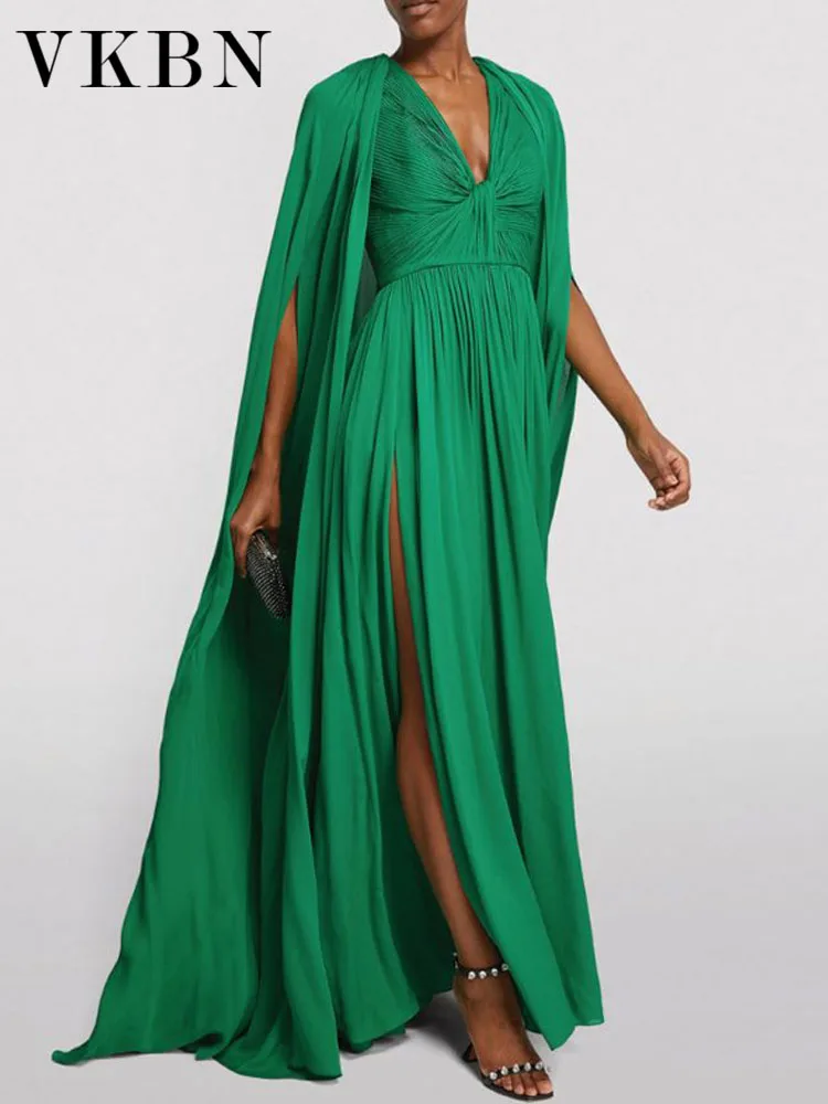

VKBN Spring Autumn Maxi Dress Women Loose Green High Waist V-neck Long Sleeve Fashion New 2023 Evening Dresses