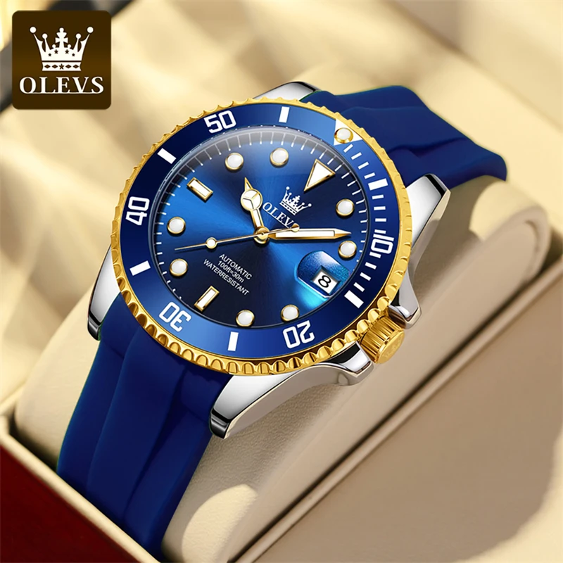 OLEVS Fashion Blue Mechanical Watch Mens Silicone Strap Simple Mens Calendar Waterproof Automatic Watches with Luminous Hands