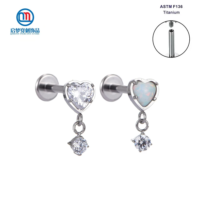 

16G ASTM F136 Titanium Opal and Clear Heart Dangle Labret Stud Tragus Helix Cartilage Earring Body Piercing Jewelry
