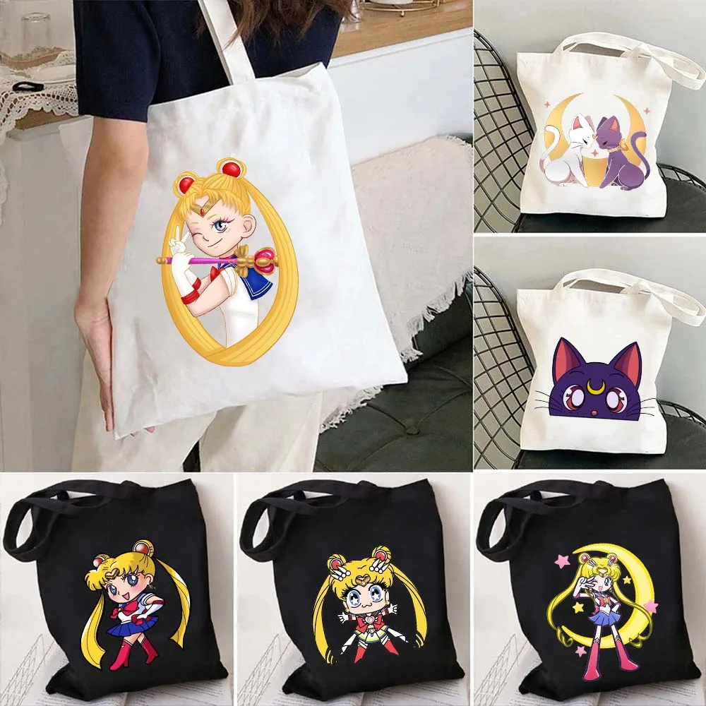 Kawaii Chibi Anime Girl Cat Luna Harajuku Canvas Tote Bag Foldable Shopping Bag Sailor Moon Shopper Cute Usagi Designer Handbags