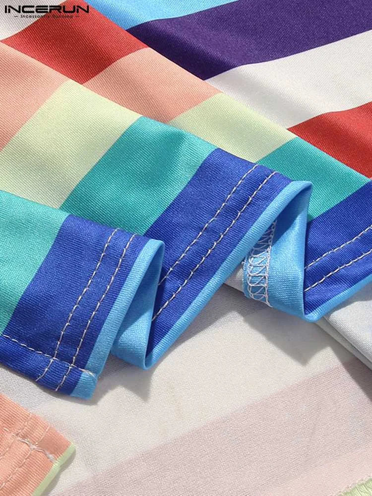 Long Sleeve O Neck Comfy Sleep Robes INCERUN Men's Colorful Striped Sleep Robes Spring Man Casual Button Homewear Gown Plus Size
