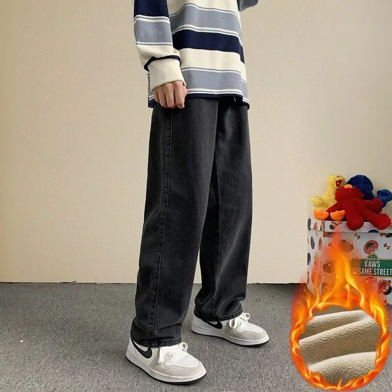 

2022 Winter New Men Warm Baggy Jeans Streetwear Korean Fashion Denim Wide Leg Pants Thicken Fleece Straight Trousers Male Black