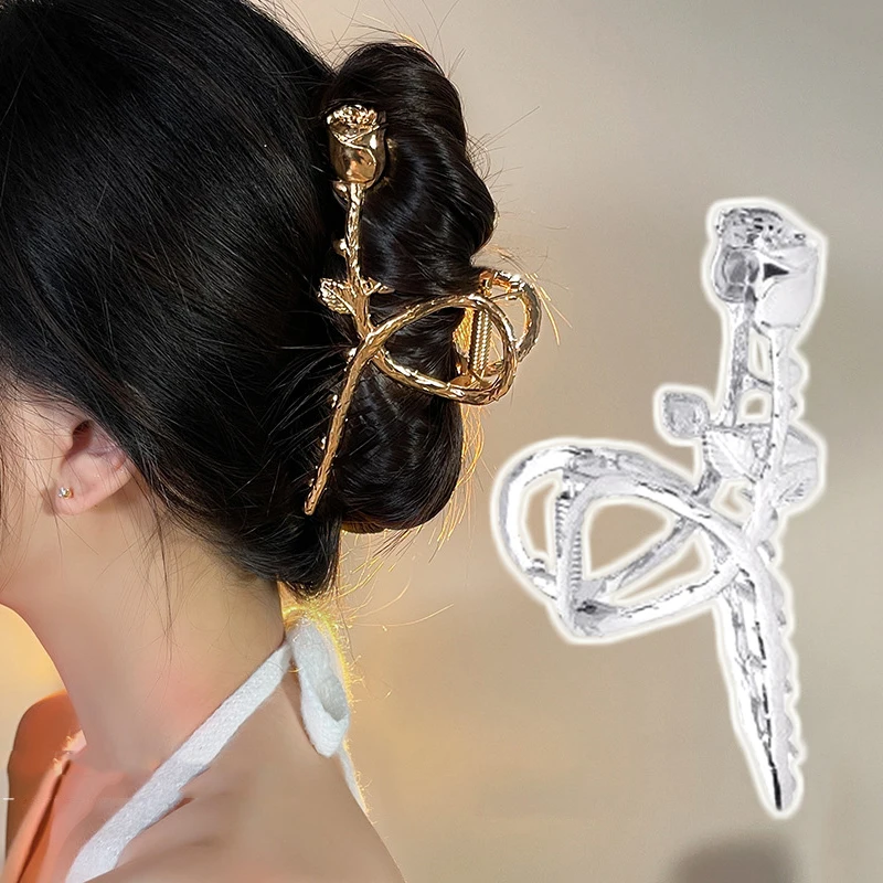 

Women Metal Rose Floral Hair Claw Crab Girls Gold Silver Color Barrettes Hairgrip Fashion Hair Clips Hairpins Headwear Ornaments