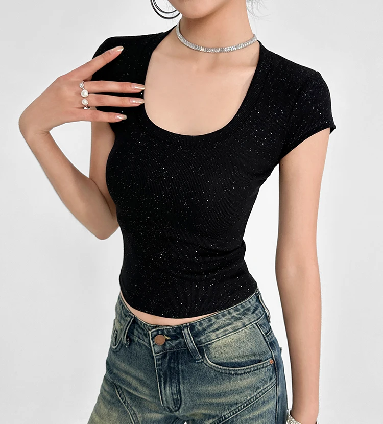 Футболка женская в американском стиле с коротким рукавом и квадратным вырезом