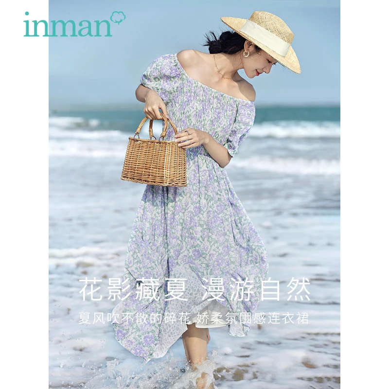 INMAN Women Dress 2023 Summer Puff Sleeve Square Collar A-shape Oil Painting Printing French Romantic Mid-length Skirt