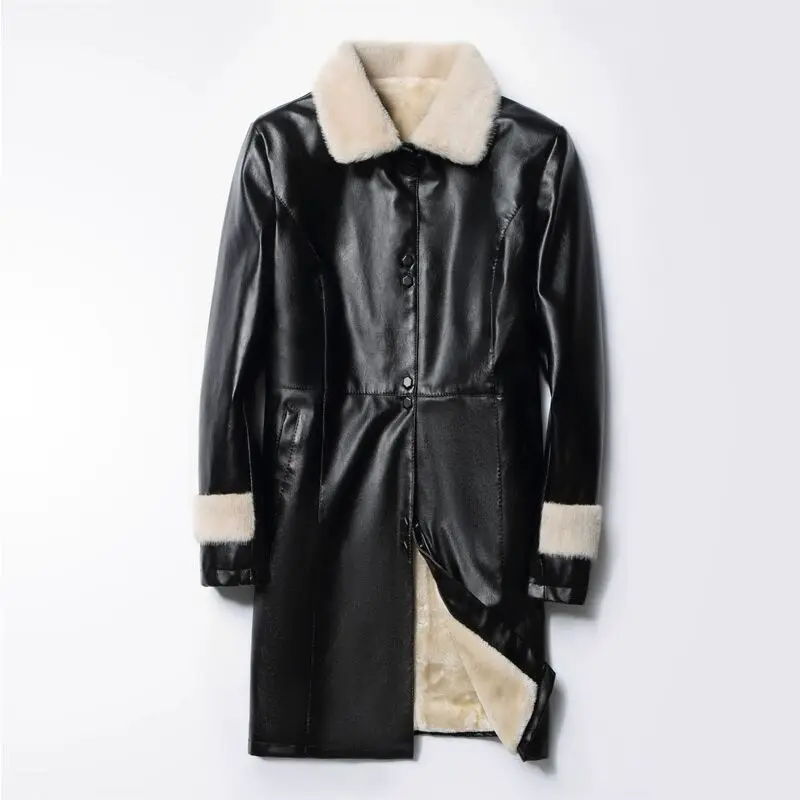 Trendy Women Winter Long Leather Jacket Fleece keeps you warm leather coat Korean version of the popular leather jacket red Tops