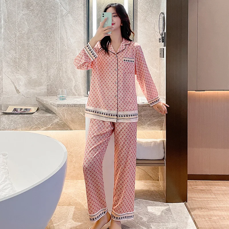 Ice Silk Pajamas Women's Spring and Autumn Long-sleeved Two-piece Thin Silk Home Service Silk Sexy Large Size Women's Pajamas