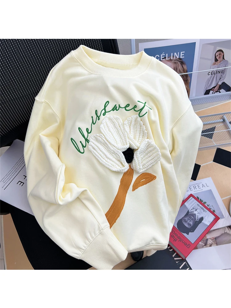 

Женский свитшот, Пуловеры на осень и зиму, красивые корейские пуловеры с длинным рукавом и круглым вырезом, женская одежда в стиле Харадзюку с цветочным принтом