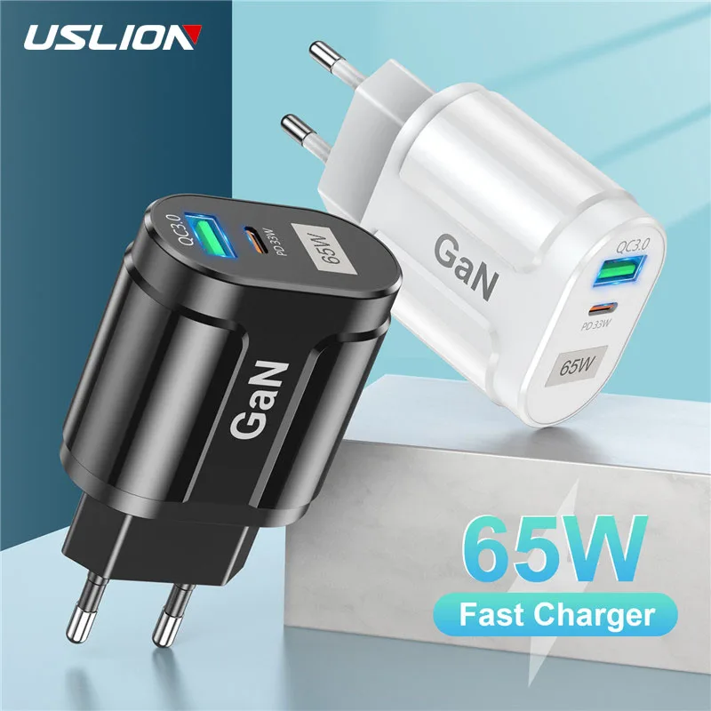 

Зарядное устройство USLION USB C, 65 Вт, GaN Type C PD QC 3,0, быстрая зарядка для iPhone 13 12 11 Max Pro XS 8 Plus, для iPad Pro Air iPad MacBook