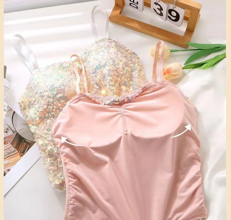 Женский бюстгальтер с блестками летний топ розового белого и черного цветов 2024