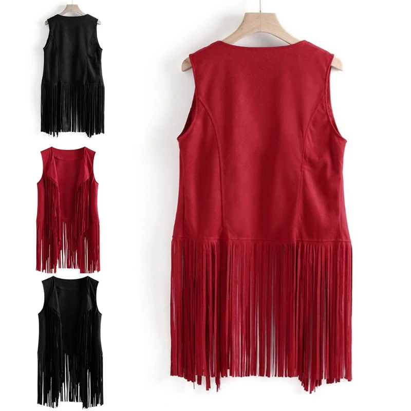 

Women Faux Suede Ethnic Sleeveless Jacket Long Fringe Tassels 70s Hippie Open Front Cardigan Vintage Waistcoat Vest Top