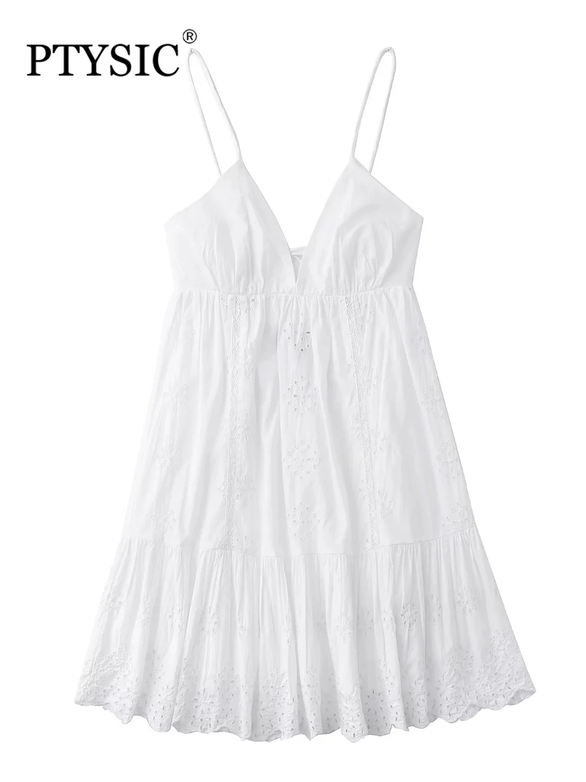 

PTYSIC женское белое мини-платье с вышивкой без бретелек трапециевидного силуэта с лямкой на шее 2022 милое стильное платье с бантом на спине