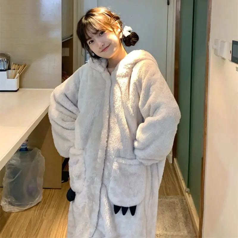 

New Style Flannel Pajamas Loungewear Cute Bear coral fleece Pajamas for Women Home Set Warm Sleepwear Robes Gown with Pocket