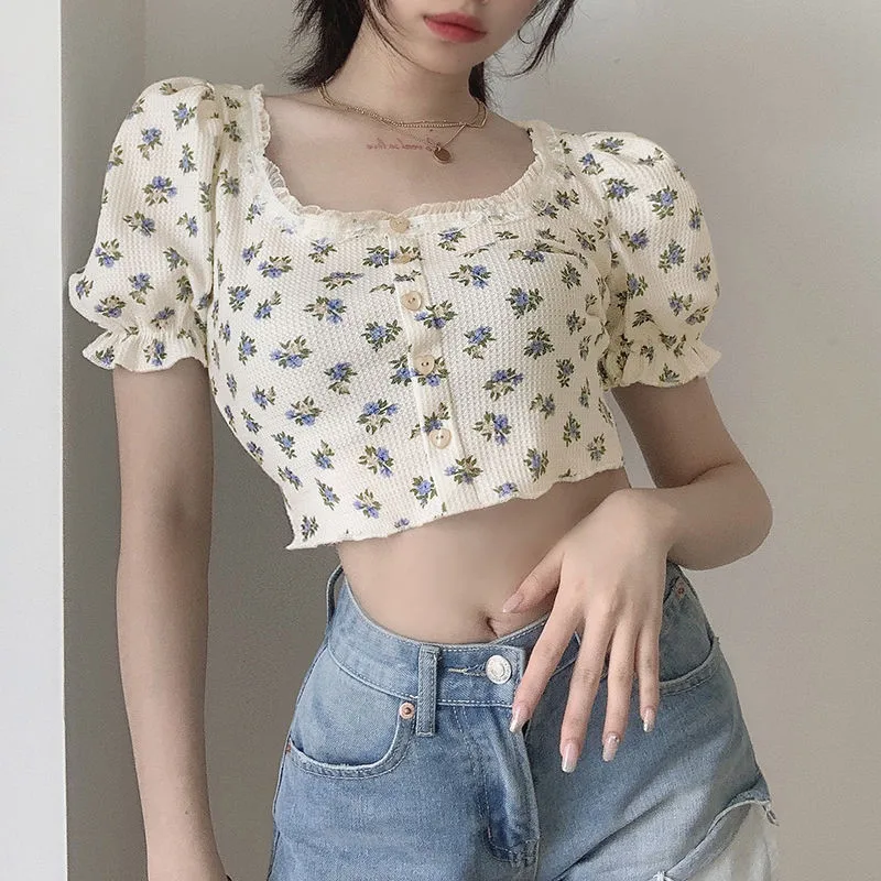 

Short Puff Sleeve Flower Printed Lady T-Shirt O Neck Skinny Crop Top Summer Tees All Match Button Vintage Women's Lace Clothe