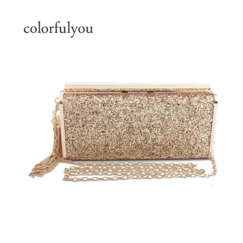 

Women Shining Sequin Evening Clutch Bag Gold Tassel Purse Wedding Party Mini Handbags chain shoulder messenger bag 2023