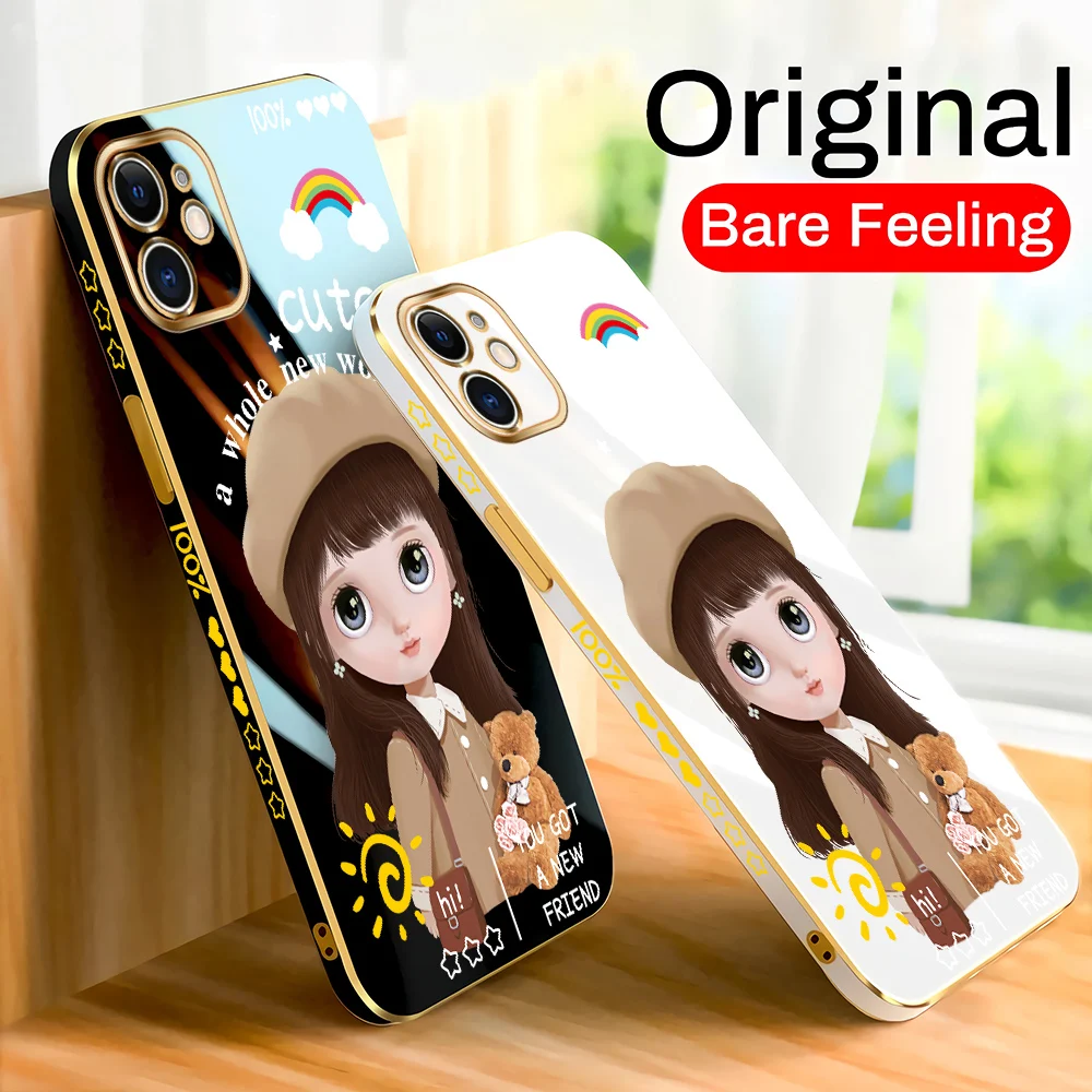 

For iPhone 11 Pro Max 11Pro XS XR 6 6S 7 8 Plus SE 2022 Luxury Square Case Cartoon Girls Plating Soft TPU Cover Shockproof Cases