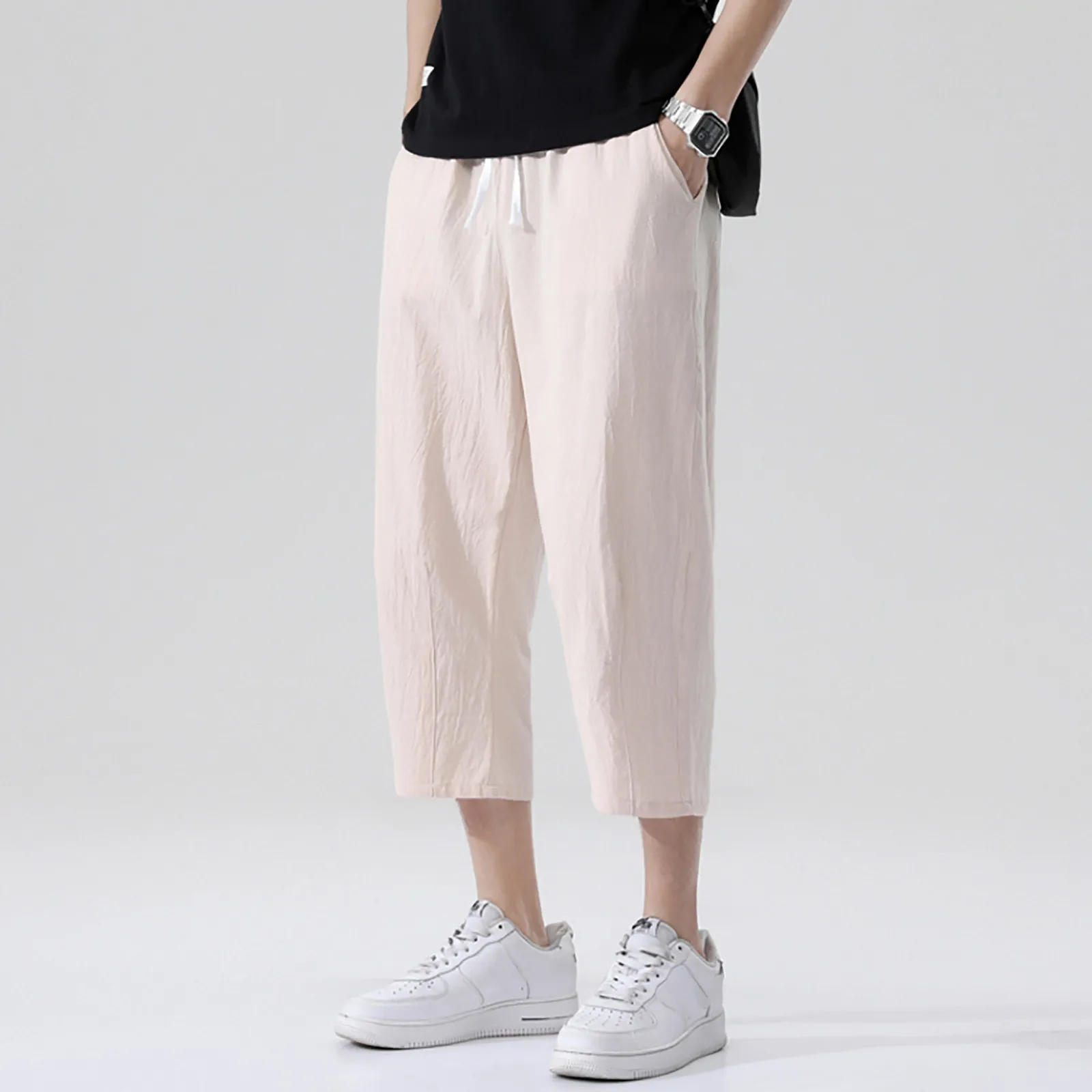 

Cotton Linen Capris Trousers Solid Color Slacks Loose Bottomwear Breathable Men's Pants Drawstring Outfits Pantalones Hombre