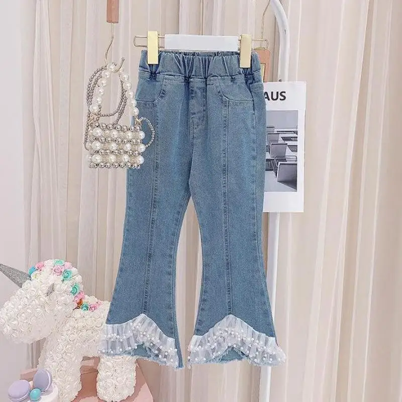 

3-14 Years Girls Boot Cut Jeans Fashion Pearl Style Elastic Waist Denim Pants With Pockets Children Kids Casual Long Trousers