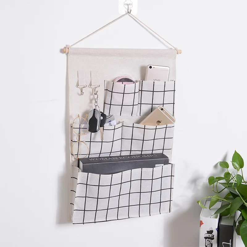 

Home storage 3 Three-layer Hanging Bag Cotton Linen 5 Pockets Storage Bag Cute Home Decoration Door Wall Pouch Bag