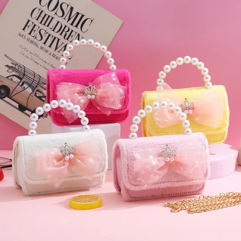 2023 New Kids Plush Purses and Handbags Cute Lace Bowknot Little Girls Princess Messenger Bag Baby Coin Pouch Toddler Purse