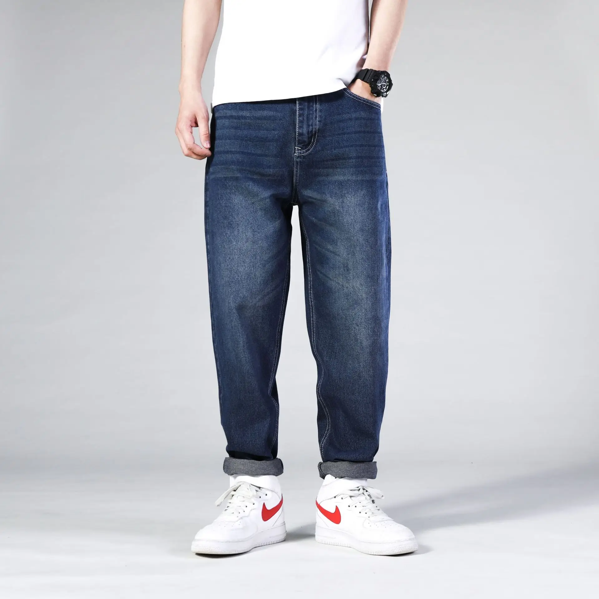 Oversize Straight Black Jeans Mens Streetwear Cotton Denim Pants Fashion Men Elasticity Jeans Wide Leg Pants Blue Loose Trousers