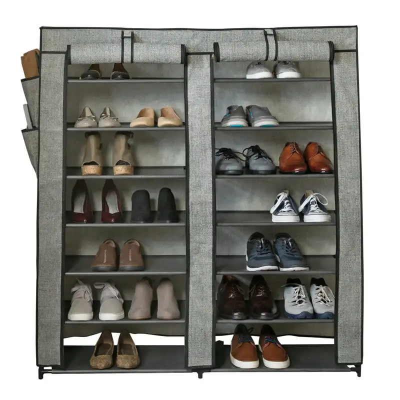 

7-Tier Double Wide 14 Shelf Bedroom Shoe Organizer, Black and Gray