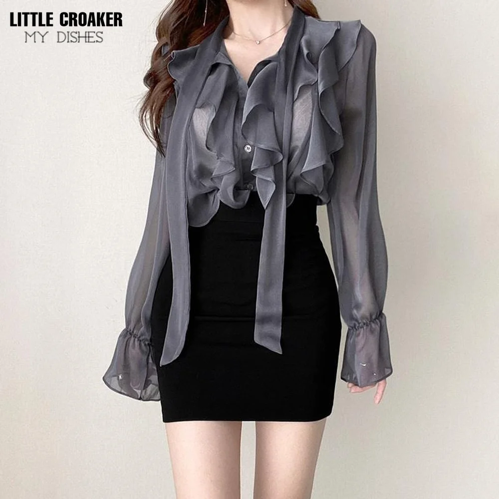 

New Women blouse tops White Ruffles Bow Long Sleeve Chiffon Blouse 2022 New Work Wear Office Blusas Femininas ladies shirt 570A