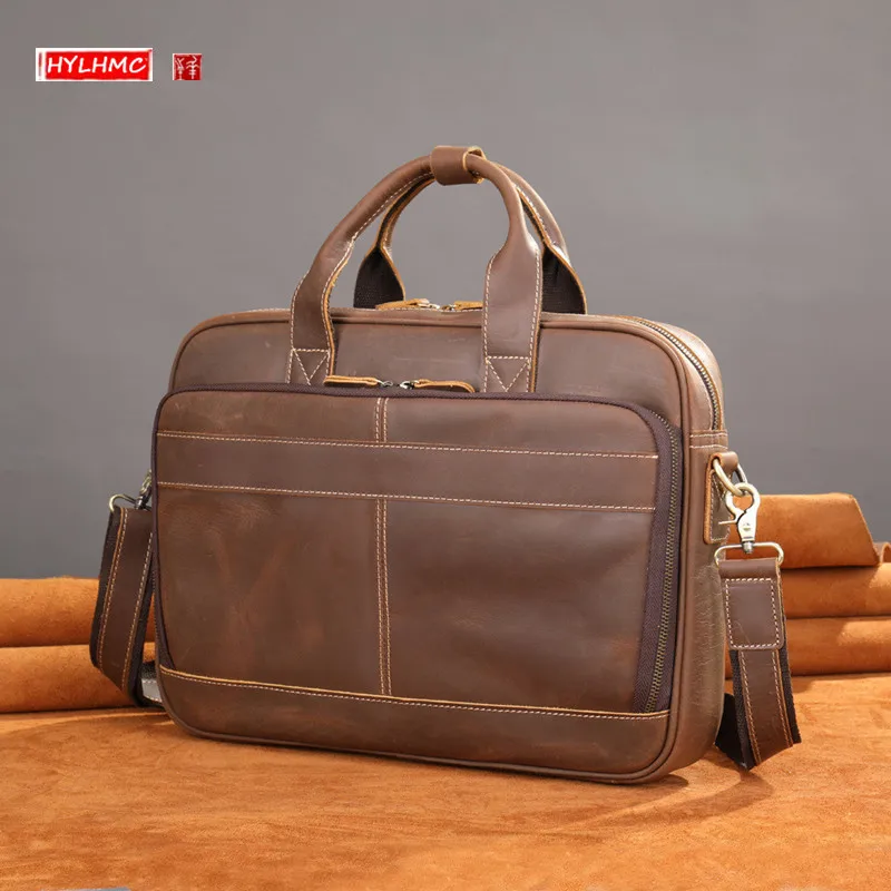 Crazy Horse Leather Men's Handbags Men's Leather Briefcase Men Retro Messenger Bag Large Capacity 15.6-Inch Laptop Bag