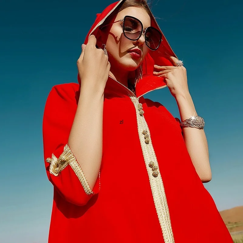 Handcraft Red Moroccan Kaftan Sfifa Ribbon Braid Muslim Dress Women Saudi Arabia Abaya Dubai Eid Mubarak Islam Party Evening