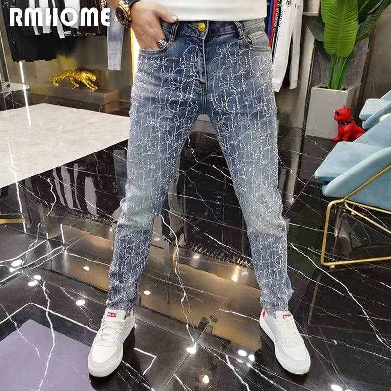 

Full Rhinestone Jeans Luxury Men's Fashion Heavy Process Male Tight Pencil Pants All Season Wear Trend High-quality Man Denim Tr