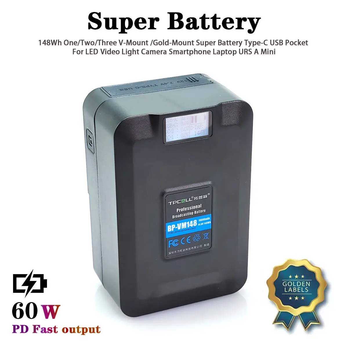 Аккумулятор мощностью Вт/ч с V-образным креплением карман USB Type-C для камер