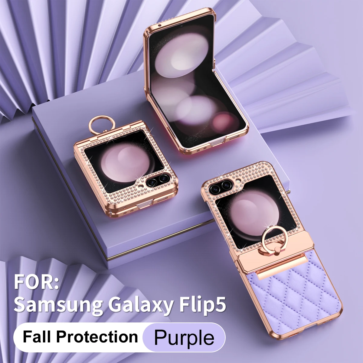 

With Ring For Samsung Galaxy Z Flip 5 Case Hinge Leather Plating Glitter Bling Diamond Phone Cover Z Flip 4 3 Case Shockproof